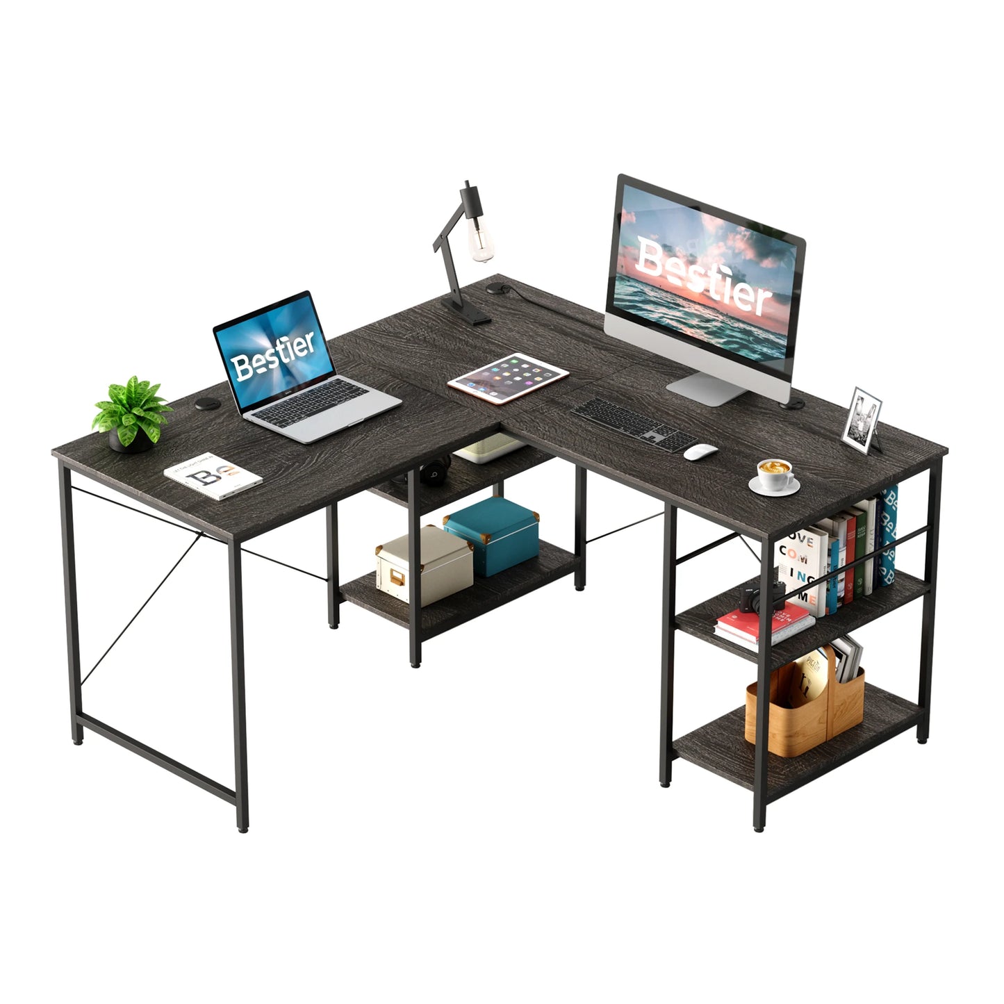 BESTIER Office Desk L Shaped Extendable With Storage Cabinet