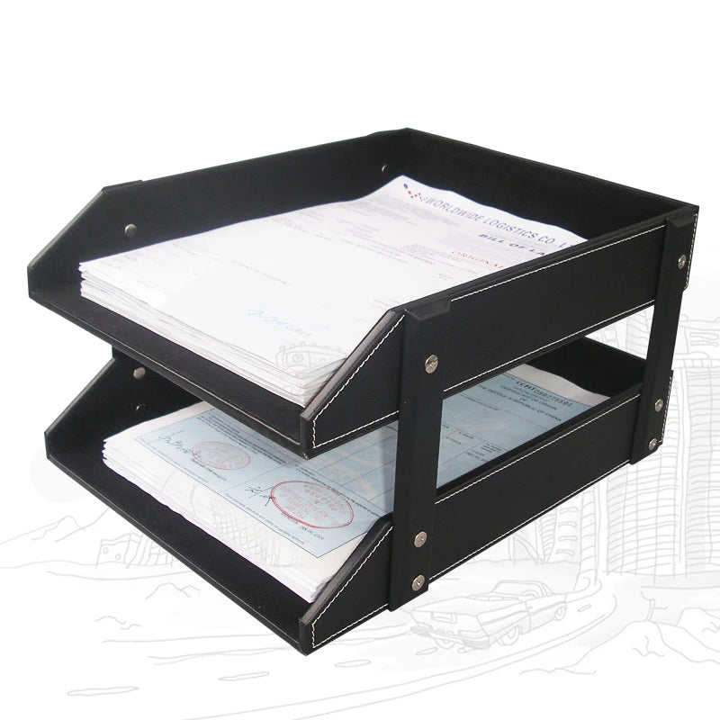 File Tray Double Layers Desk Set Document Organizer PU Leather