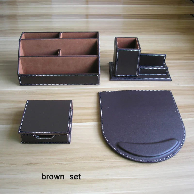 4pcs/Set Wooden PU Leather Office Desk Organizer Pen Holder