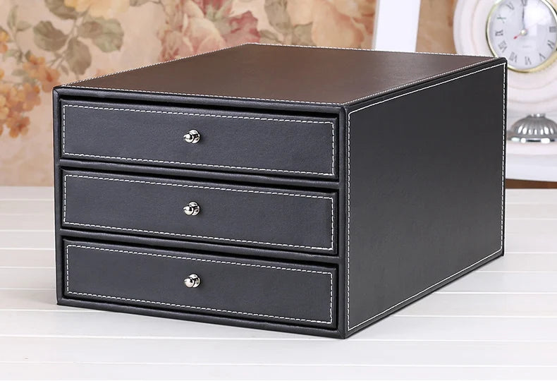 3-Layer 3-Drawer Wood Leather Desk Set Storage Drawer Box