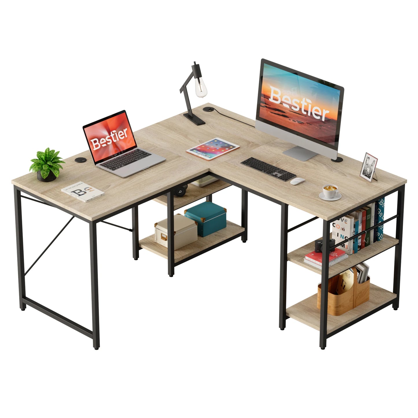 BESTIER Office Desk L Shaped Extendable With Storage Cabinet