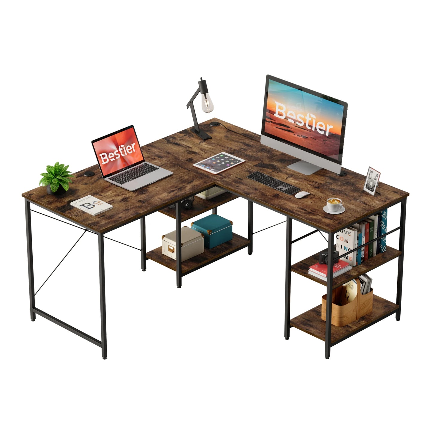 BESTIER Office Desk L Shaped Extendable With Storage Cabinet