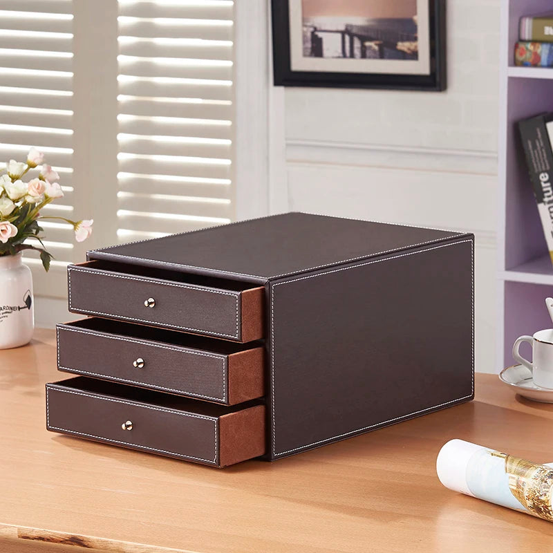 3-Layer 3-Drawer Wood Leather Desk Set Storage Drawer Box