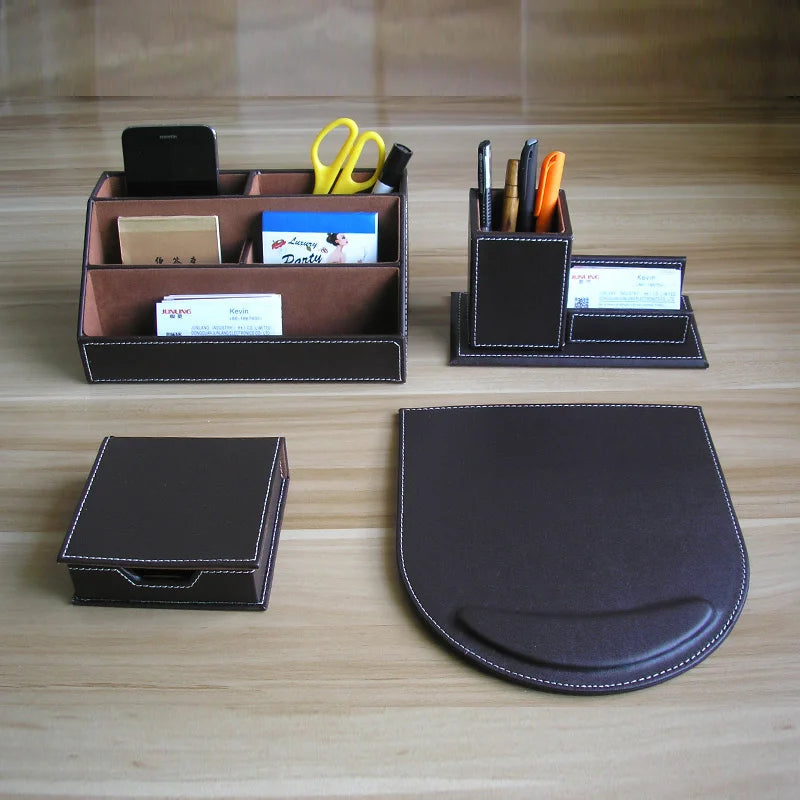 4pcs/Set Wooden PU Leather Office Desk Organizer Pen Holder