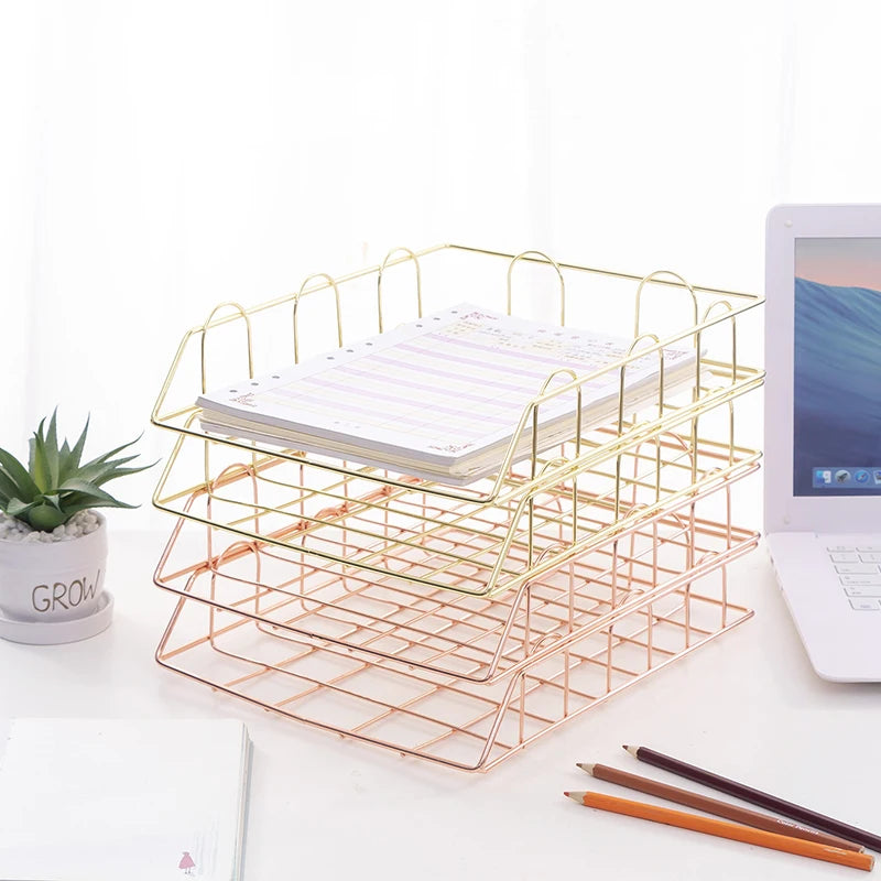 2pc/Set Rose Gold Desk Organizer Stackable Paper Tray Metal Wire Two Tier Tray