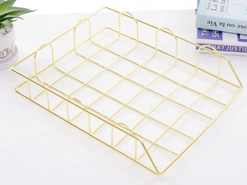 2pc/Set Rose Gold Desk Organizer Stackable Paper Tray Metal Wire Two Tier Tray