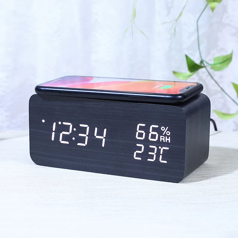 Digital Clock Wooden Wireless Charging LED Display Temperature & Humidity