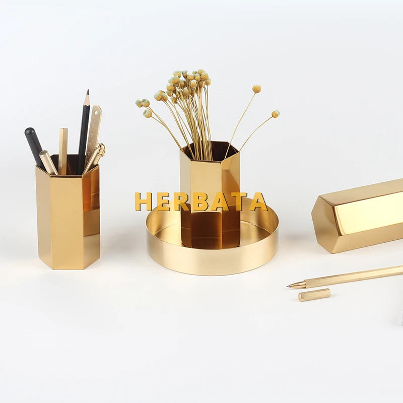 Pen Pencil Holder Gold Hexagonal Multifunction Desk Organizer Container