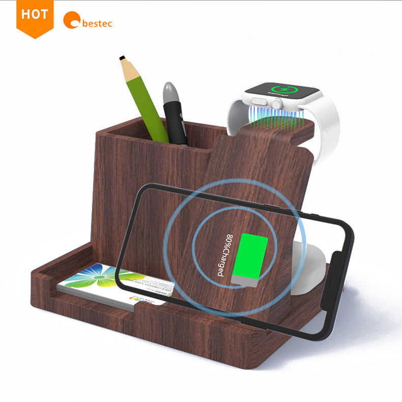 Fast Charging Wireless Charger Station With Pen Holder Bamboo iPhone & Watch