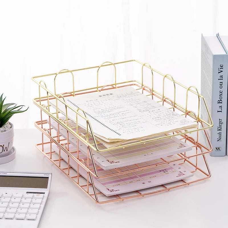 2pc/Set Rose Gold Desk Organizer Stackable Paper Tray Metal Wire Two Tier Tray