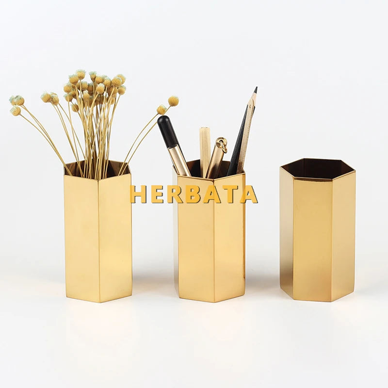 Pen Pencil Holder Gold Hexagonal Multifunction Desk Organizer Container