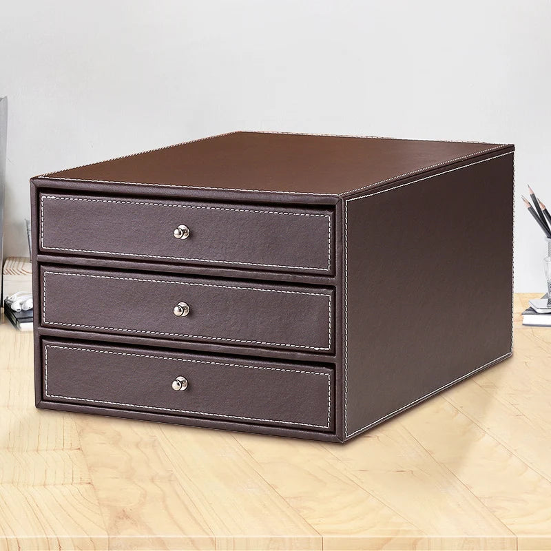 3-Layer 3-Drawer Wood Leather Desk Set Storage Drawer Box