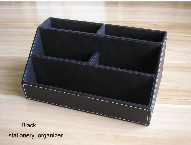 4pcs/Set Wooden PU Leather Office Desk Organizer Pen Holder