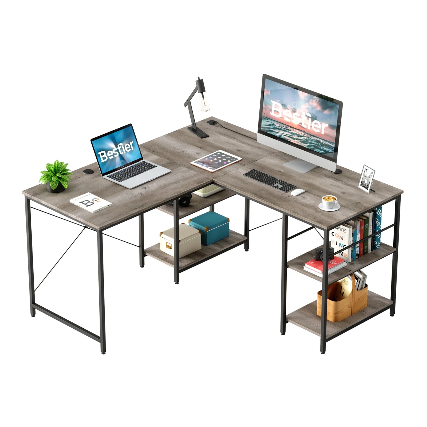 BESTIER Office Desk L Shaped Extendable With Storage Cabinet