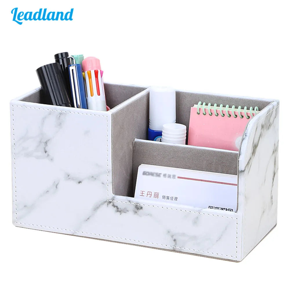 Marble Small Stationery Pen Holder PU Leather Desk Organizer Fits Cell Phone