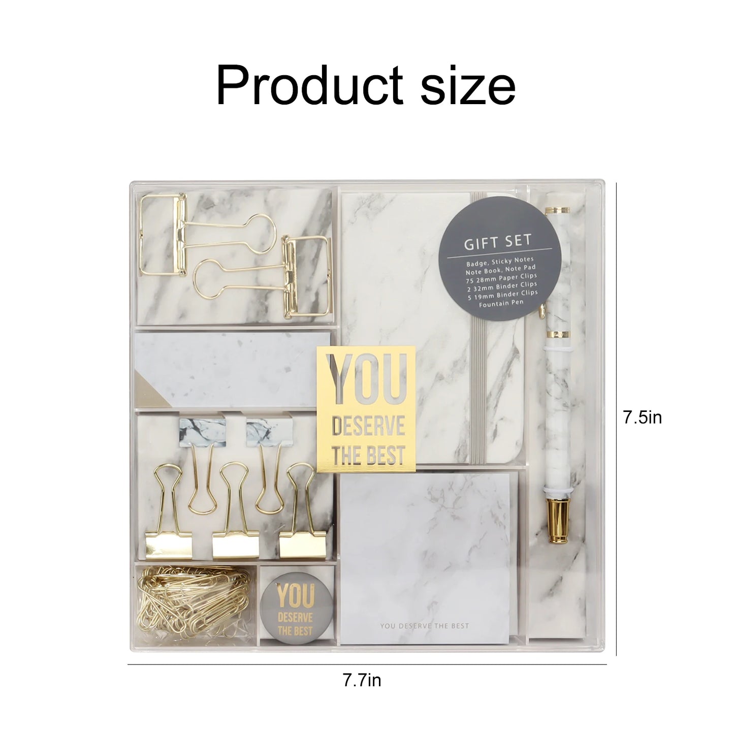 Desk Set Marble  PU Leather Notebook, Fountain Pen, Clips, Sticky Notes