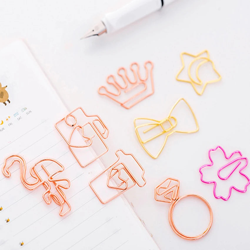 5pcs Kawaii Rose Gold Paper Clips Bookmark Crown, Flower, Flamingo, Bowtie, Hanger