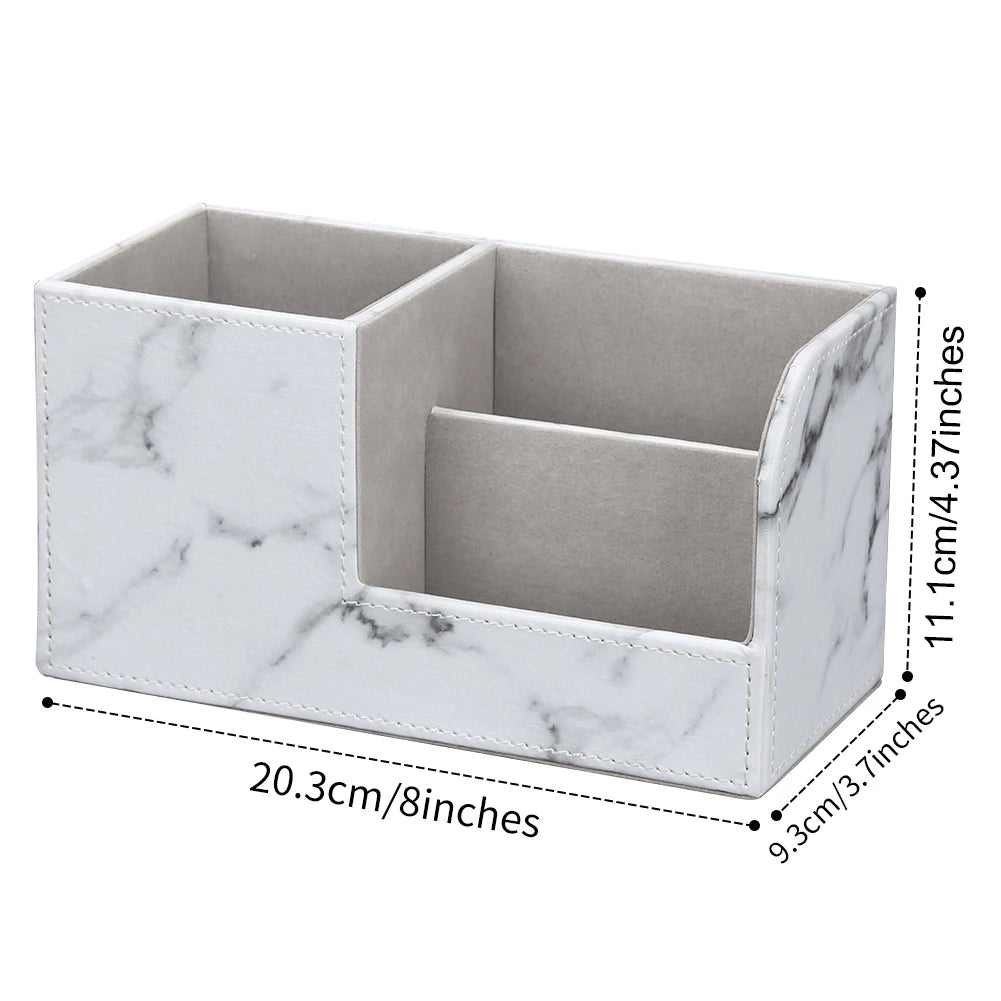 Marble Small Stationery Pen Holder PU Leather Desk Organizer Fits Cell Phone