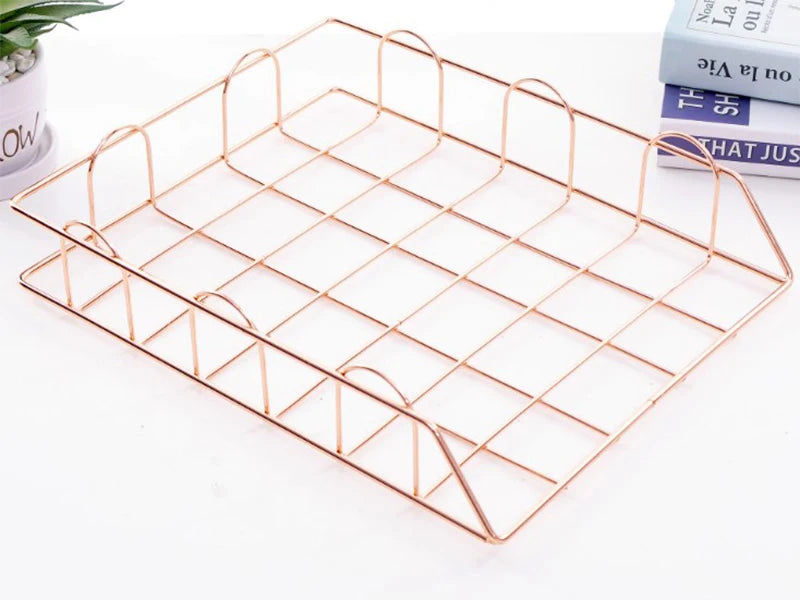 2pc/Set Rose Gold Desk Organizer Stackable Paper Tray Metal Wire Two Tier Tray