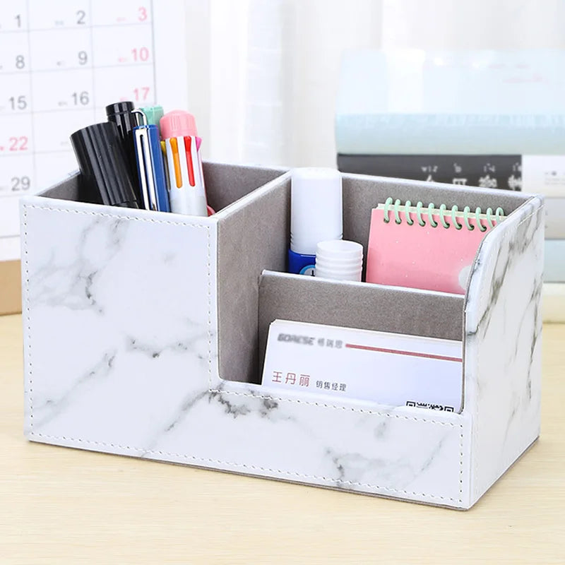 Marble Small Stationery Pen Holder PU Leather Desk Organizer Fits Cell Phone