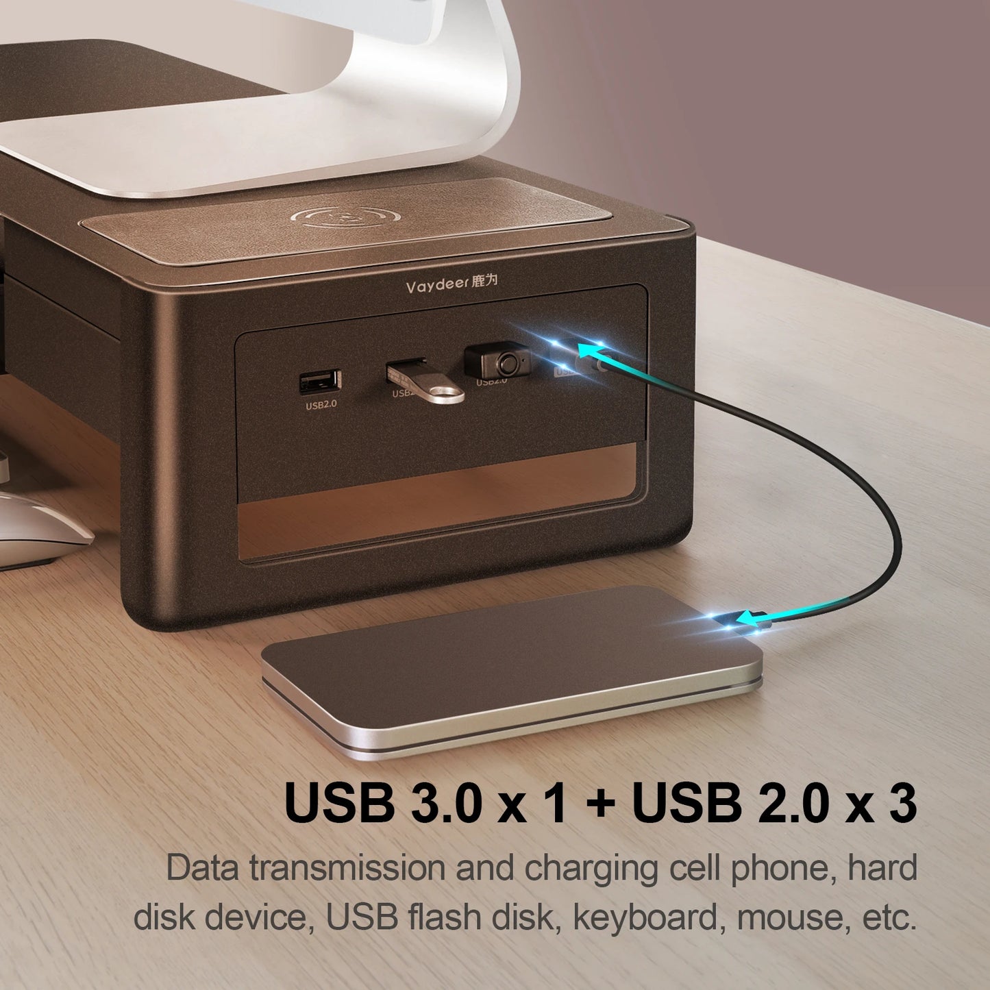 Monitor Stand USB3.0 Hub Data Transfer and Wireless Charging w/ Storage