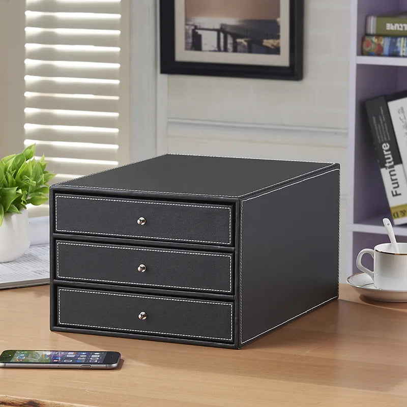 3-Layer 3-Drawer Wood Leather Desk Set Storage Drawer Box