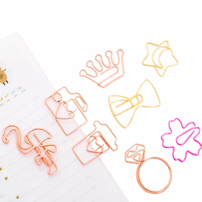 5pcs Kawaii Rose Gold Paper Clips Bookmark Crown, Flower, Flamingo, Bowtie, Hanger