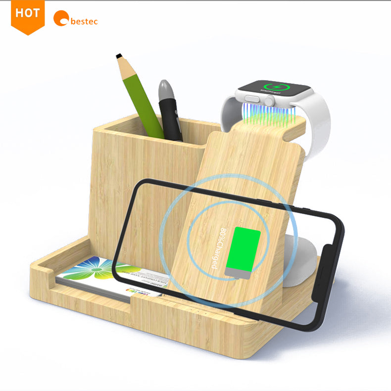 Fast Charging Wireless Charger Station With Pen Holder Bamboo iPhone & Watch