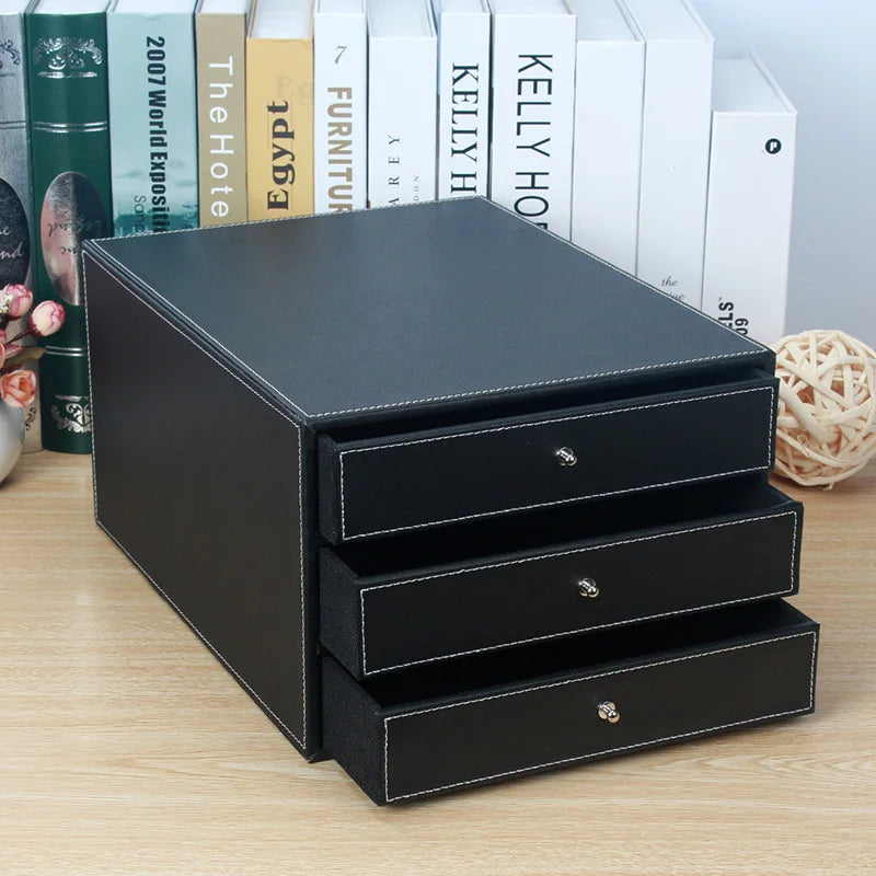 3-Layer 3-Drawer Wood Leather Desk Set Storage Drawer Box