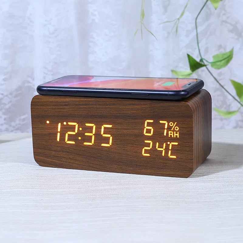 Digital Clock Wooden Wireless Charging LED Display Temperature & Humidity