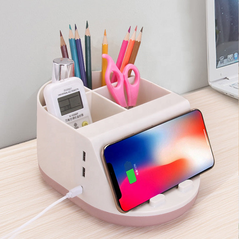 Cell Mobile Phone Desktop Organizer Wireless Charger with USB Pen Holder