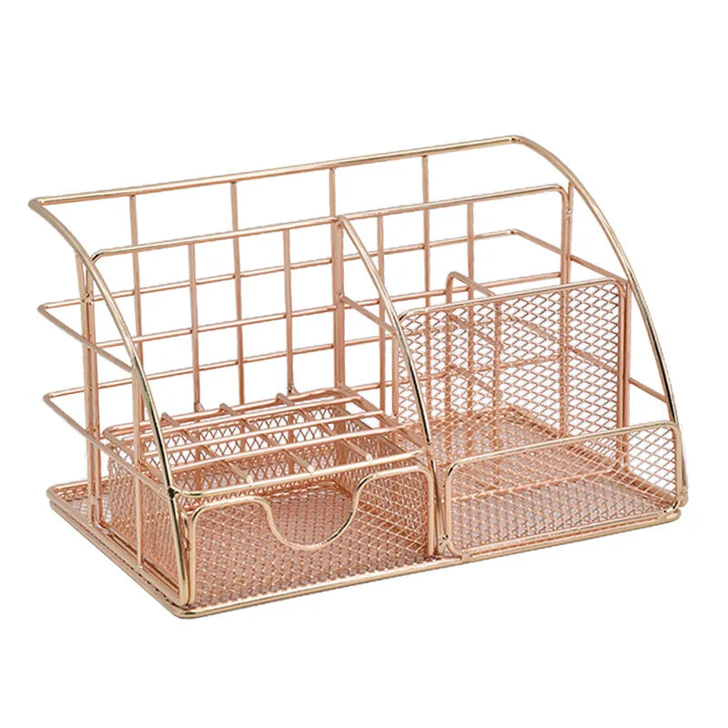 Desktop Storage Box Rose Gold Mesh Metal Office Accessories With Drawer