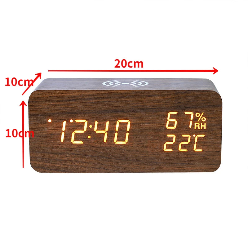 Digital Clock Wooden Wireless Charging LED Display Temperature & Humidity