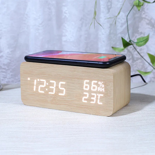 Digital Clock Wooden Wireless Charging LED Display Temperature & Humidity