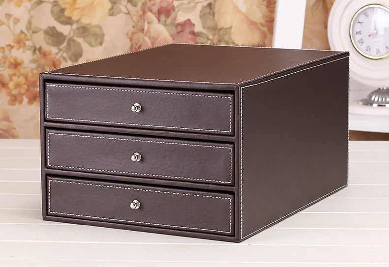 3-Layer 3-Drawer Wood Leather Desk Set Storage Drawer Box