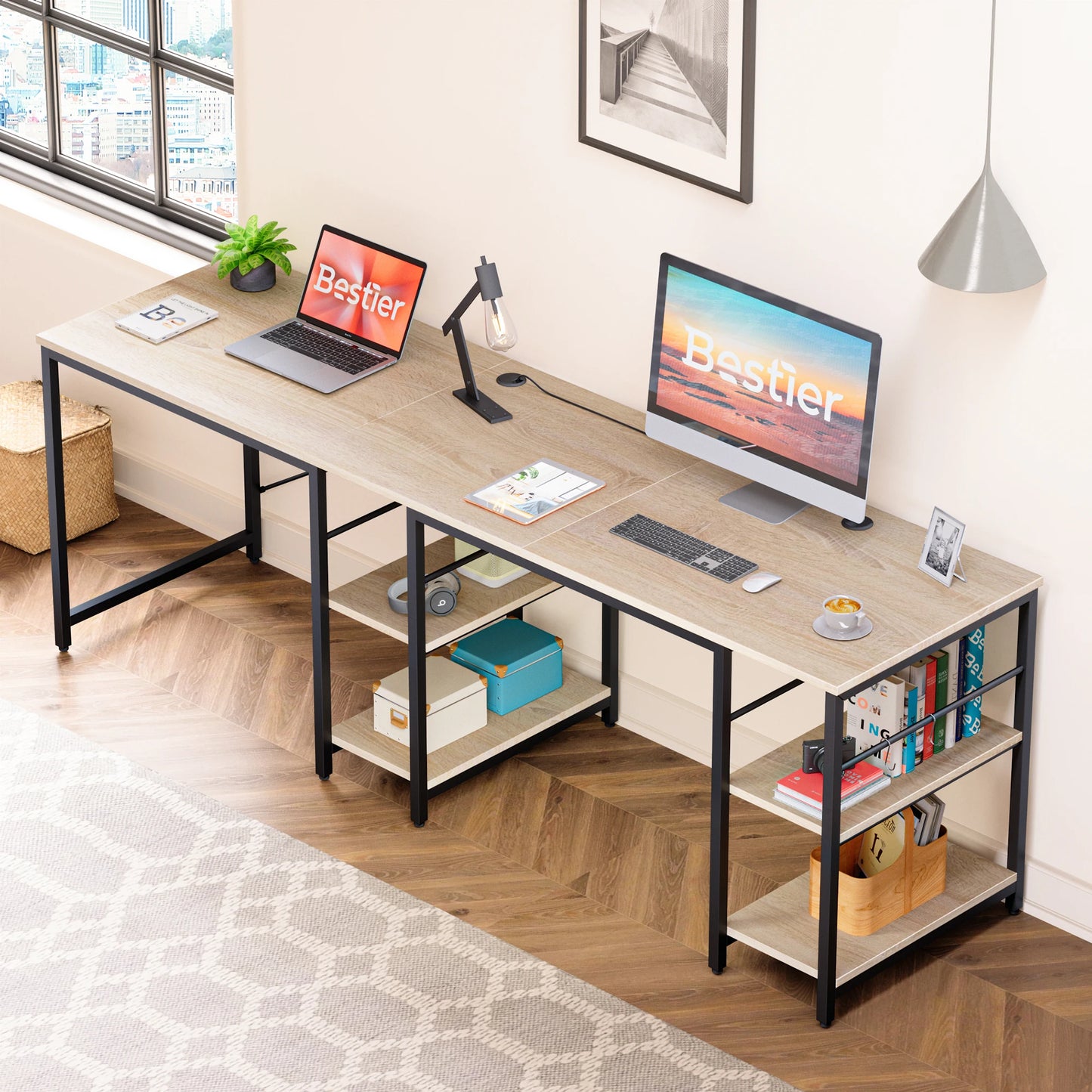 BESTIER Office Desk L Shaped Extendable With Storage Cabinet