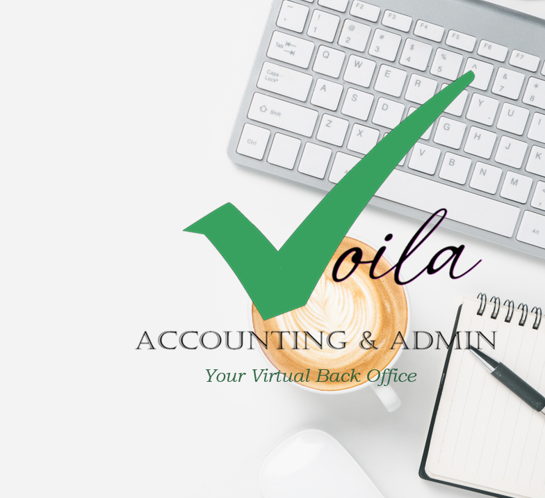 Laptop, coffee and a notepad with Voila Accounting & Admin logo You Virtual Back Office