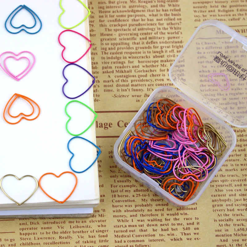 50Pcs Colorful Heart Bookmark Metal Paper Clip