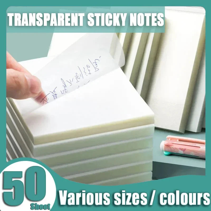 50 Sheets Transparent Sticky Notes Multiple Sizes Waterproof Colorful