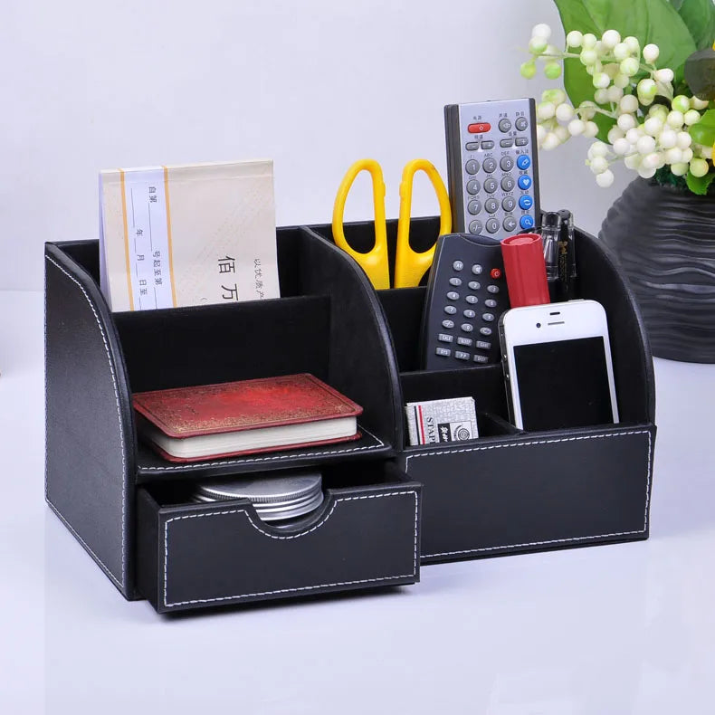 Multifunctional Wooden Leather Office Desk Stationery Pen Pencil Holder