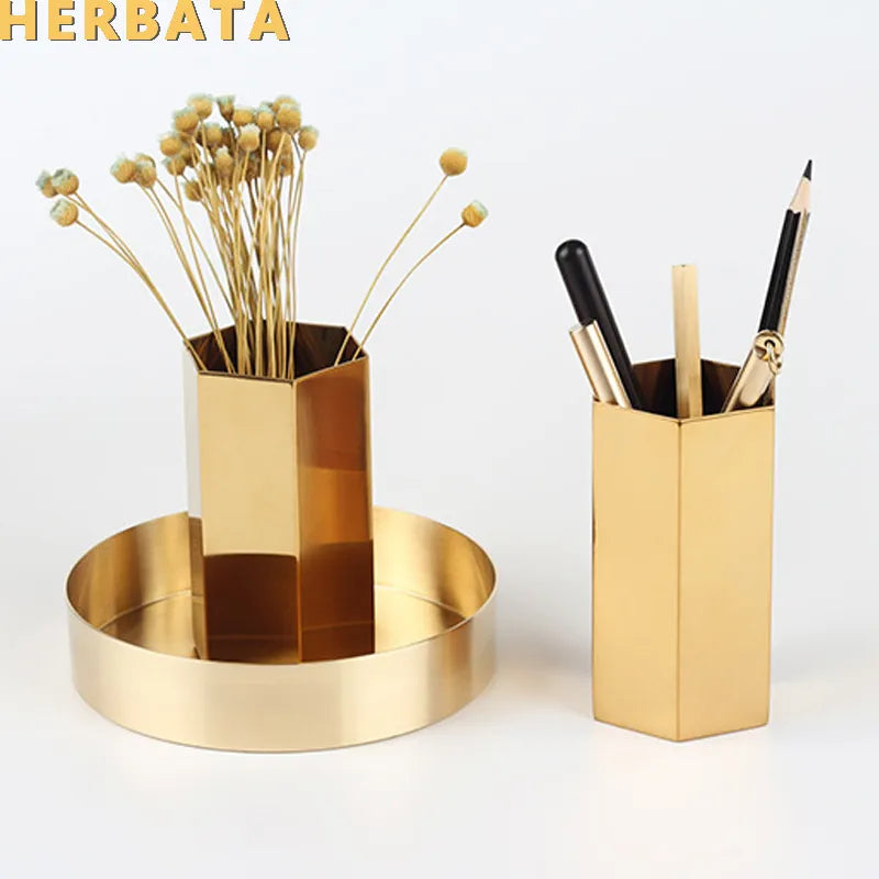 Pen Pencil Holder Gold Hexagonal Multifunction Desk Organizer Container