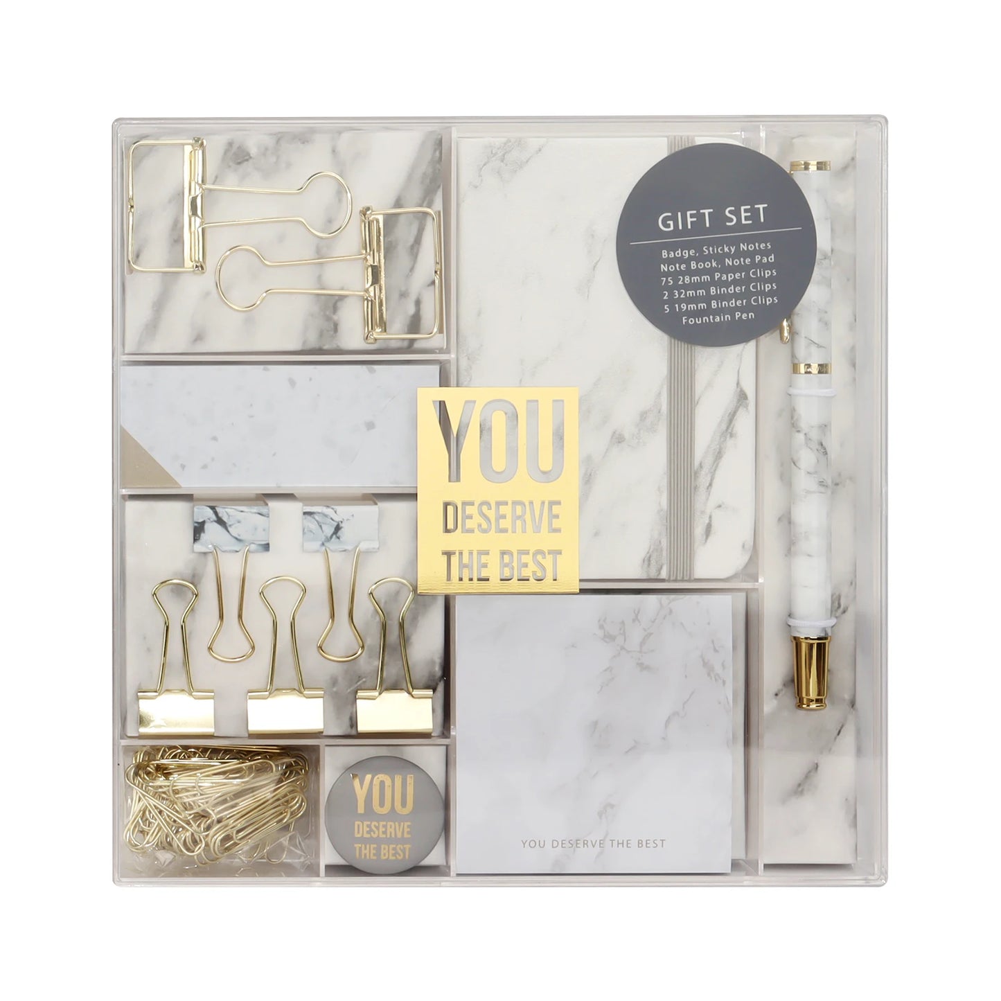 Desk Set Marble  PU Leather Notebook, Fountain Pen, Clips, Sticky Notes