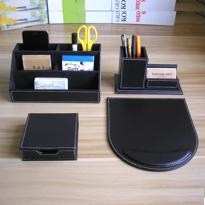 4pcs/Set Wooden PU Leather Office Desk Organizer Pen Holder