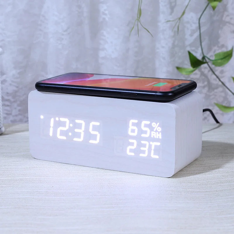 Digital Clock Wooden Wireless Charging LED Display Temperature & Humidity