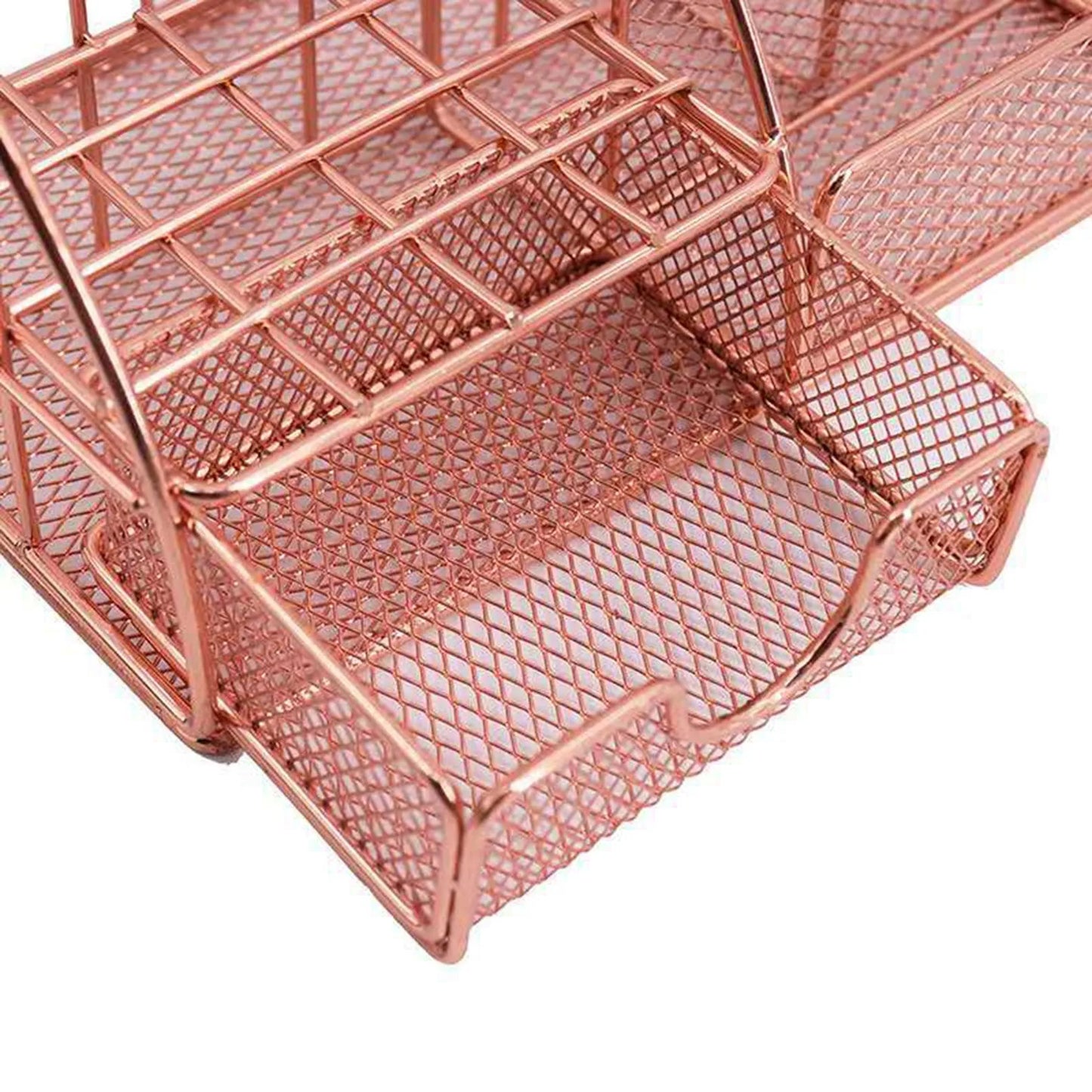 Desktop Storage Box Rose Gold Mesh Metal Office Accessories With Drawer