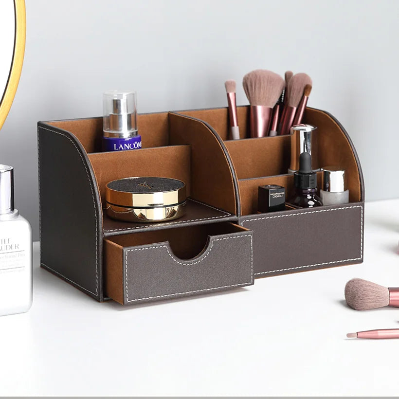 Multifunctional Wooden Leather Office Desk Stationery Pen Pencil Holder