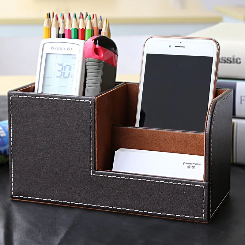 Marble Small Stationery Pen Holder PU Leather Desk Organizer Fits Cell Phone