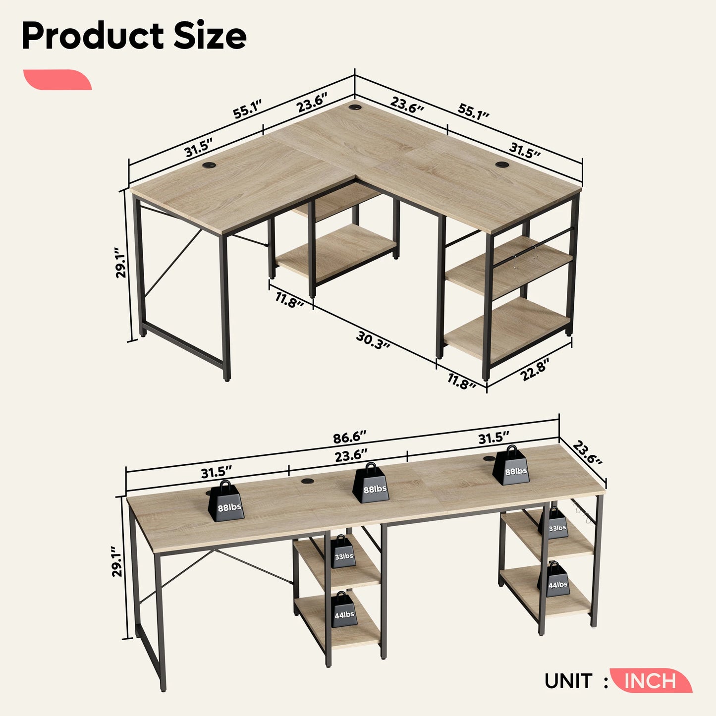 BESTIER Office Desk L Shaped Extendable With Storage Cabinet