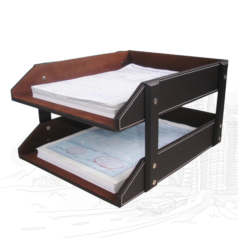 File Tray Double Layers Desk Set Document Organizer PU Leather