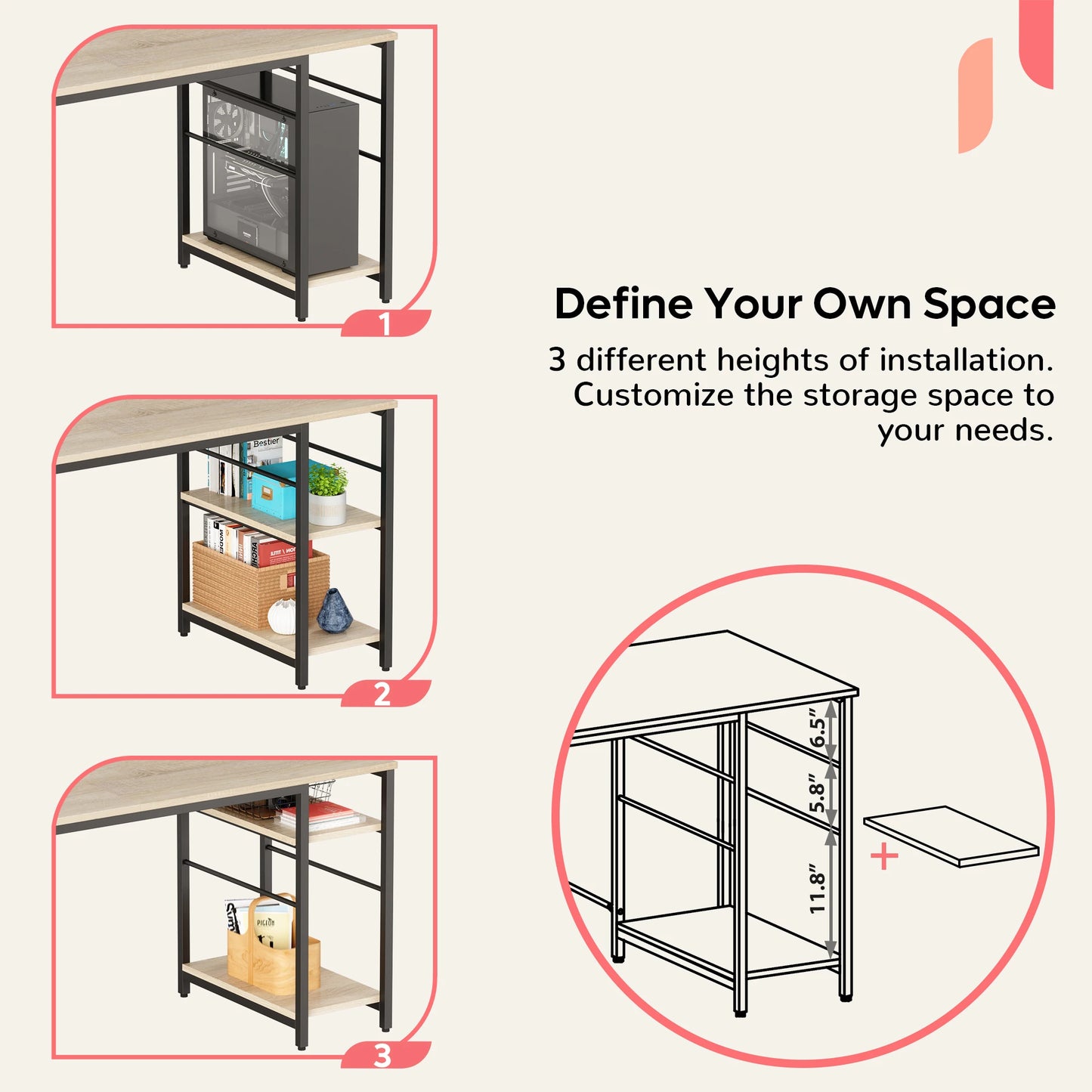 BESTIER Office Desk L Shaped Extendable With Storage Cabinet